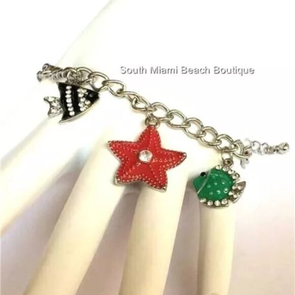 Sea Life Charm Bracelet Starfish Angel Fish 7-9" Silver Plated Crystal Enamel - Picture 4 of 12
